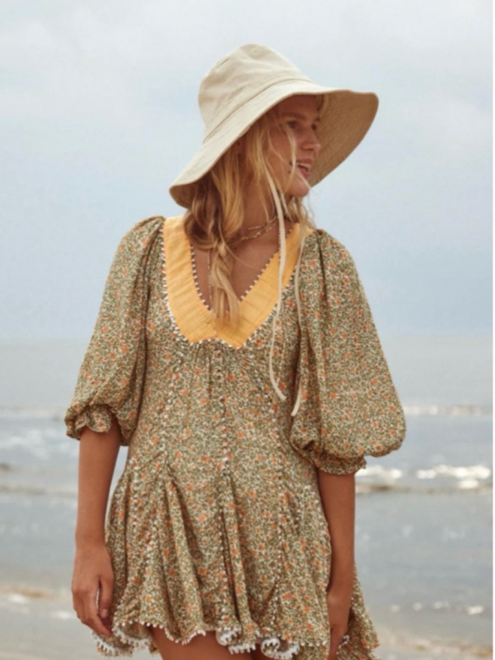 Free People Floral Puff-Sleeve Mini Dress